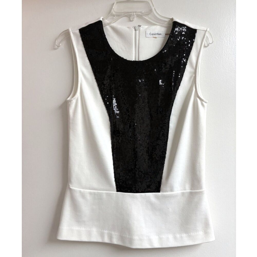 Calvin Klein Sequin Peplum Top White Black Colorblock Sleeveless Holiday Shine S - Picture 2 of 7